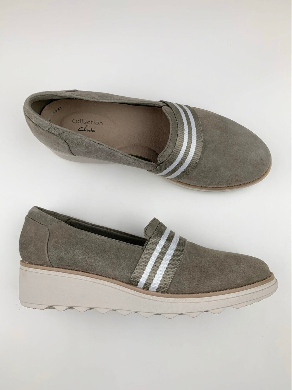 Clarks Sharon Bay Wedge Heel Slip On Loafers Sage Suede Comfort Shoes Womens 9.5
